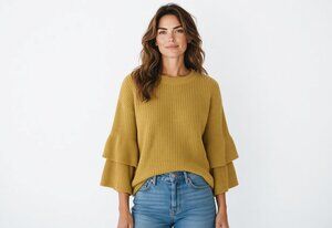 Sky She Mustard Yellow Knit Sweater Tiered Ruffle Bell Sleeve Crew Neck Size L